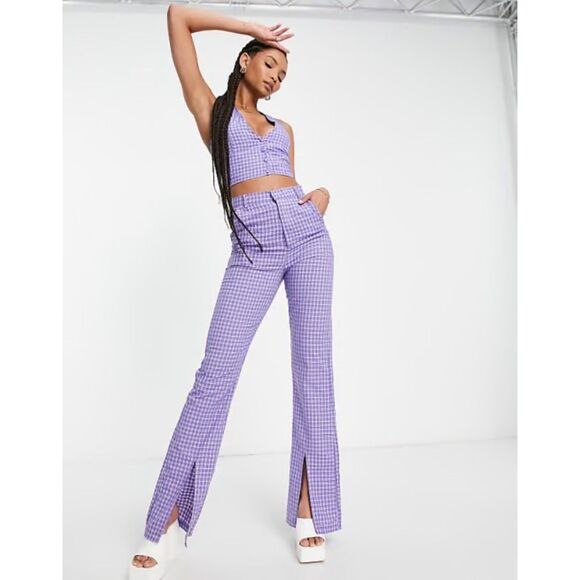 Heartbreak Pants - ASOS Heartbreak Purple Plaid Flare Pants Small Split Hems Flat Pockets NEW